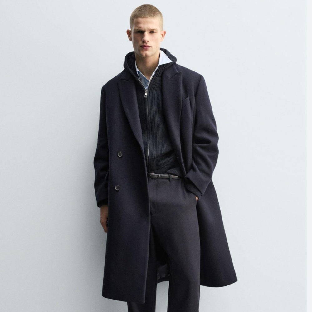 Zara Man NWT wool blend navy long coat 9638/167
